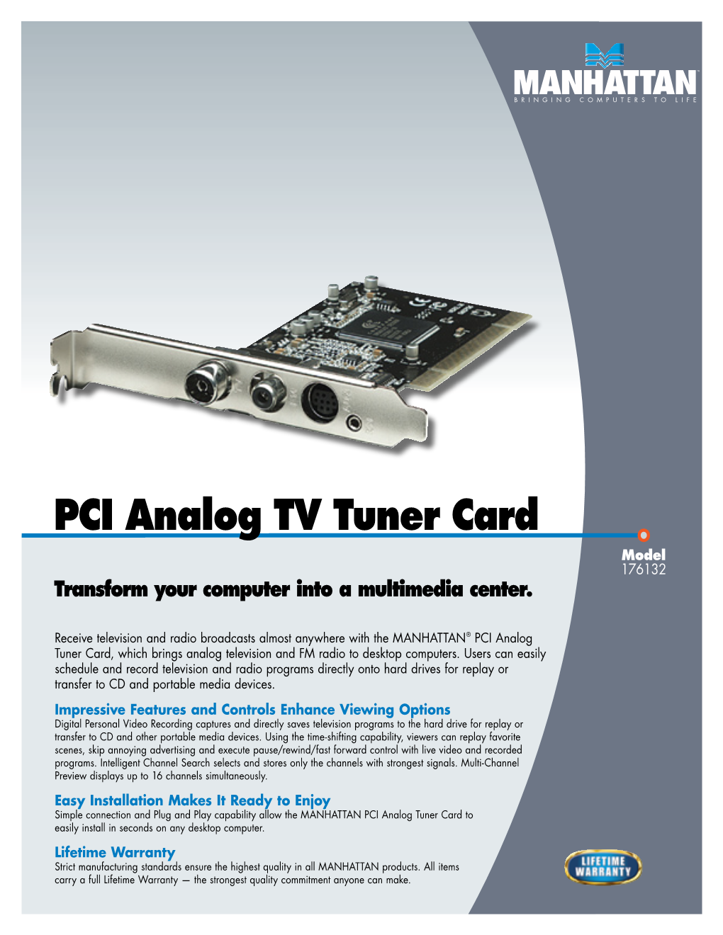 PCI Analog TV Tuner Card Model 176132 Transform Your Computer Into a Multimedia Center