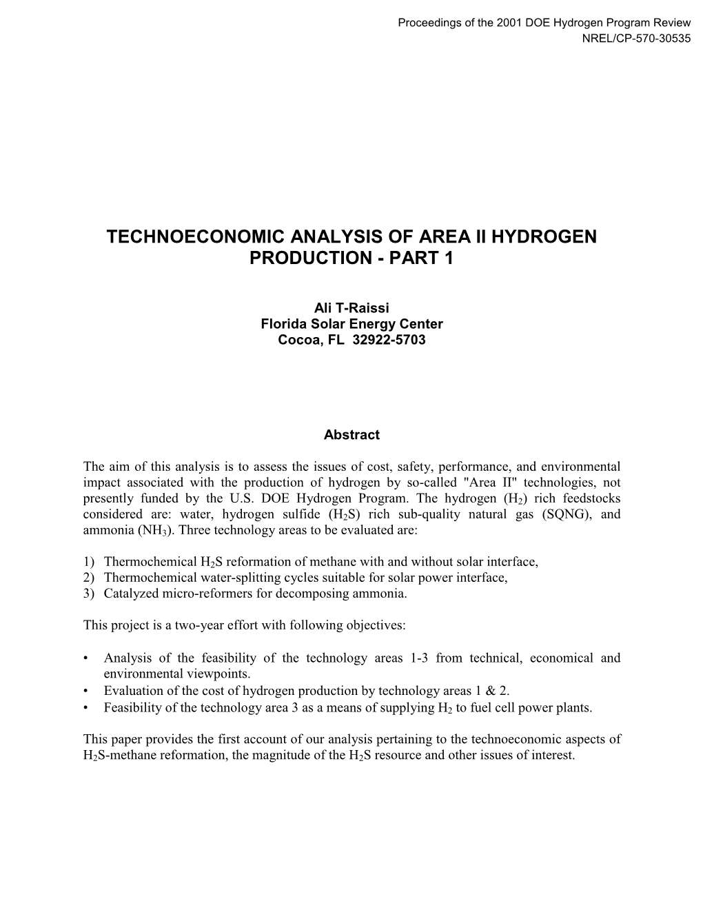 Technoeconomic Analysis of Area Ii Hydrogen Production - Part 1