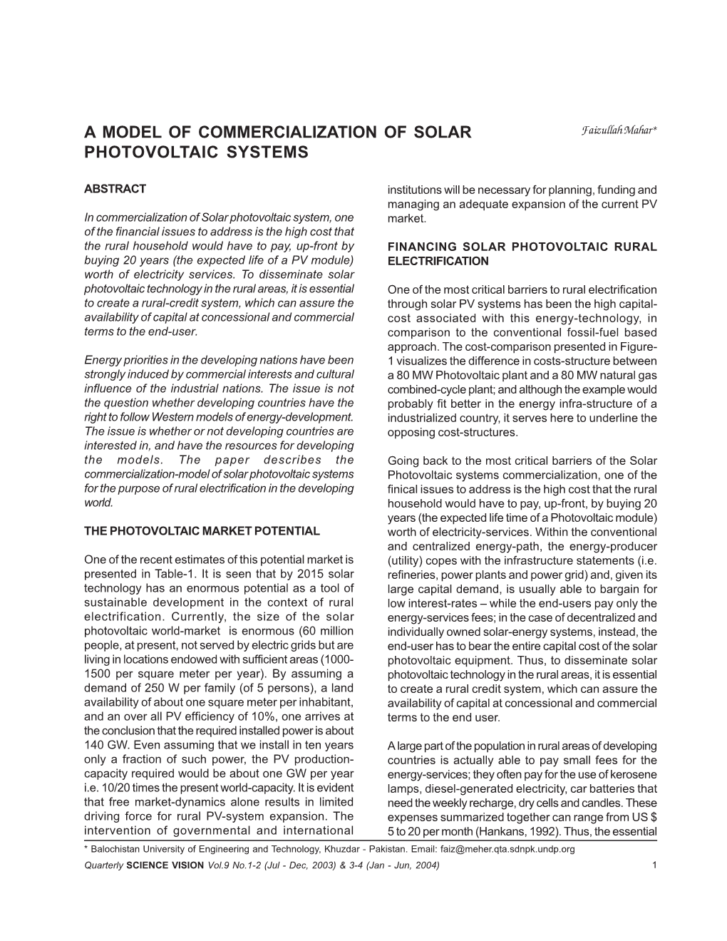 A Model of Commercialization of Solar Photovoltaic Systems