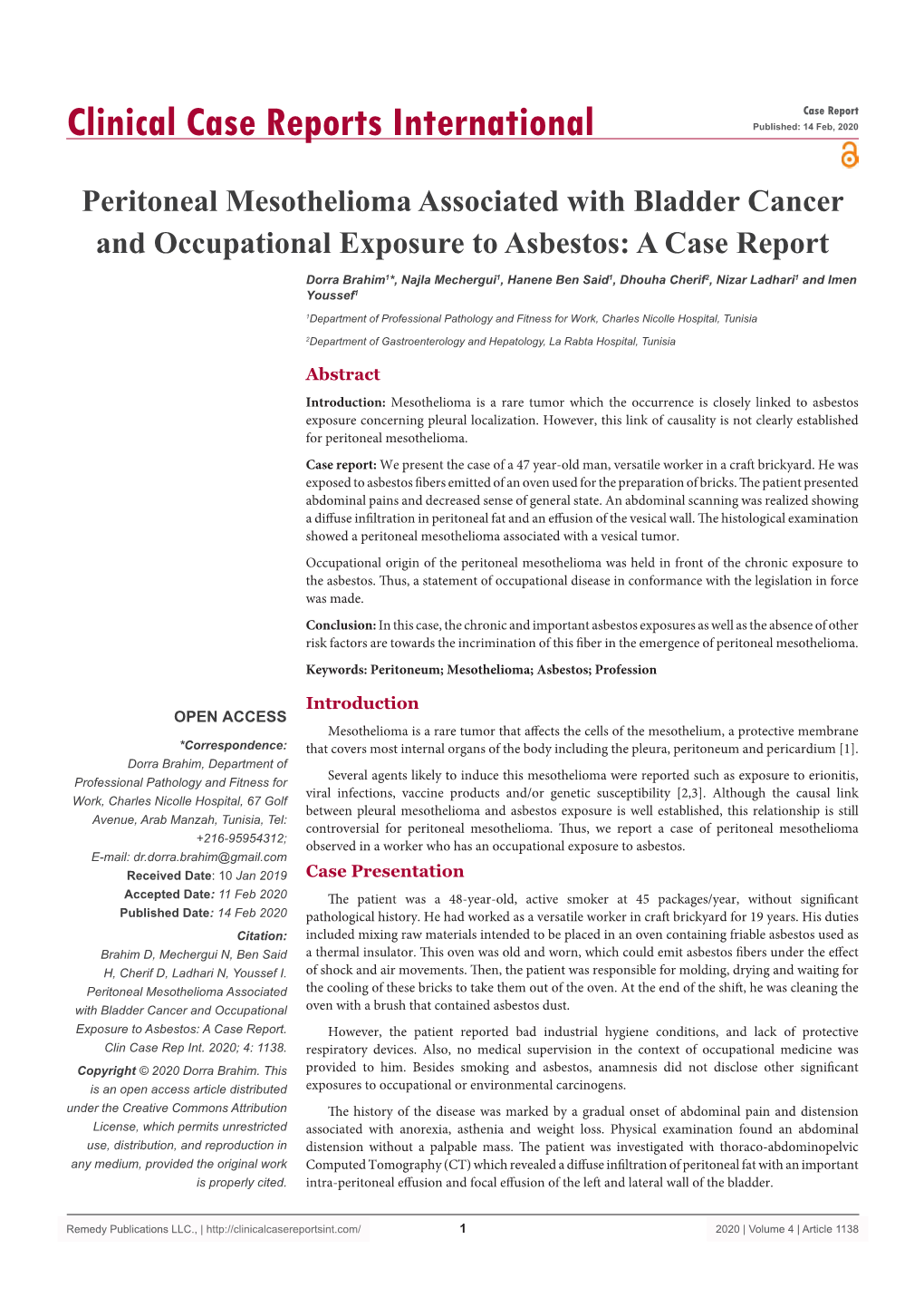 Peritoneal Mesothelioma Associated with Bladder Cancer and Occupational Exposure to Asbestos: a Case Report