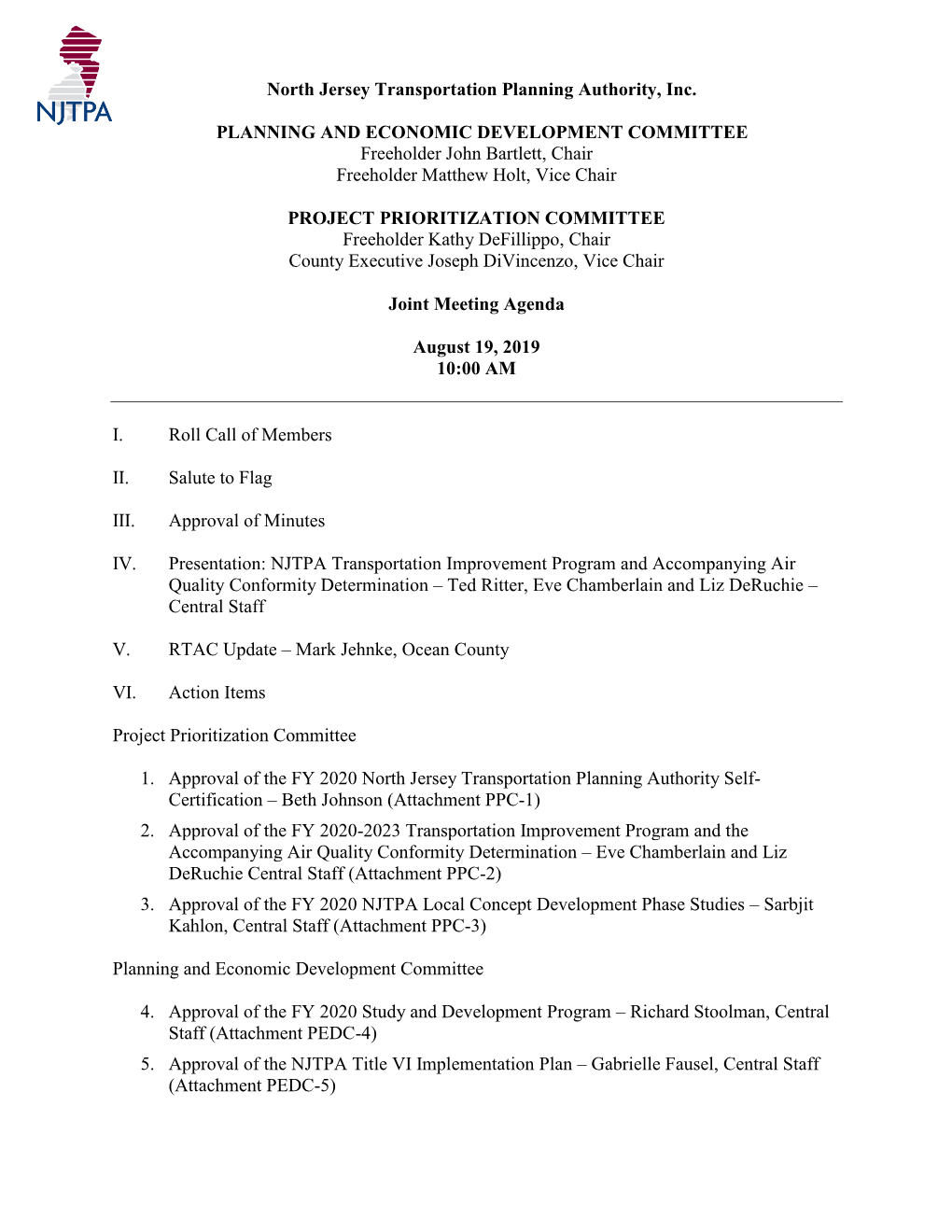 North Jersey Transportation Planning Authority, Inc. PLANNING and ECONOMIC DEVELOPMENT COMMITTEE Freeholder John Bartlett, Chair