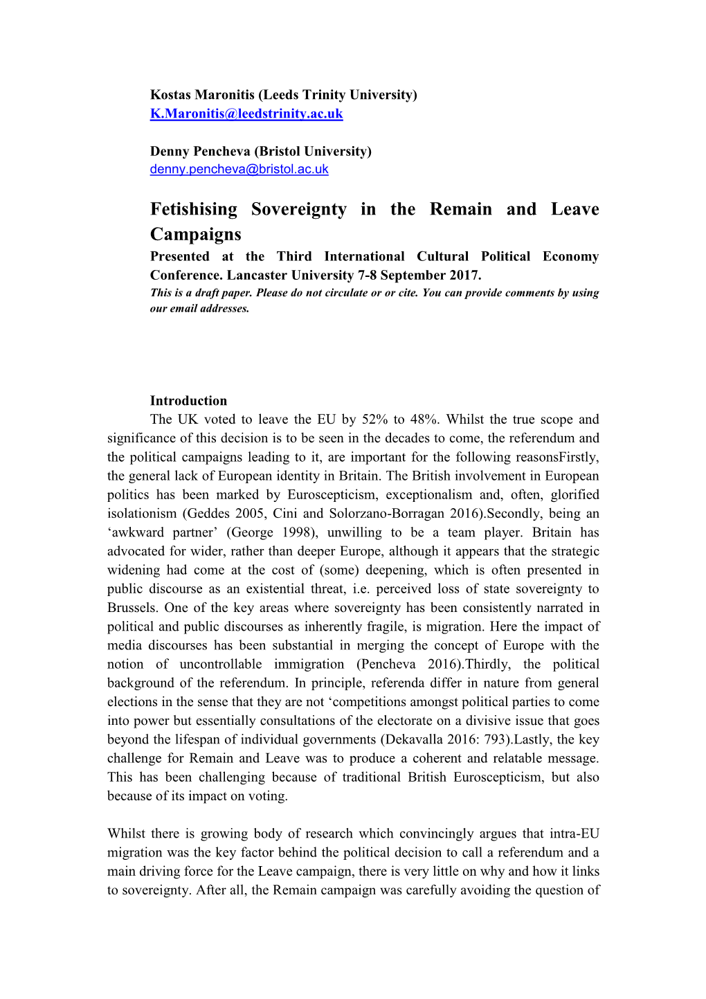 Fetishising Sovereignty in the Remain and Leave Campaigns Presented at the Third International Cultural Political Economy Conference