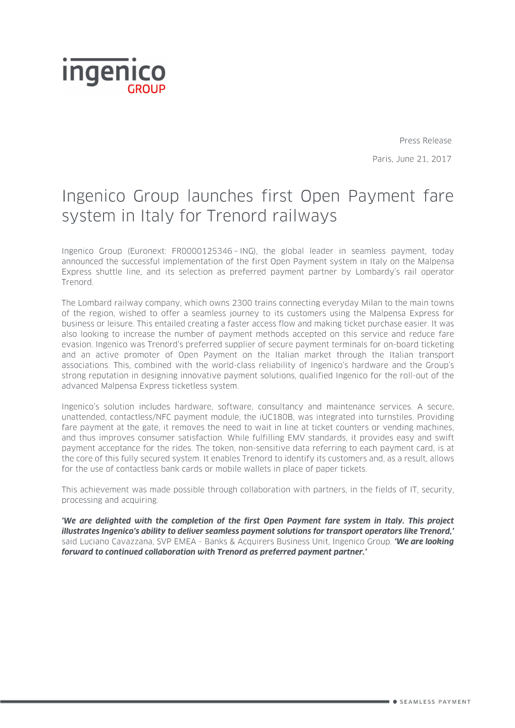 Ingenico Group Launches First Open Payment Fare System in Italy for Trenord Railways