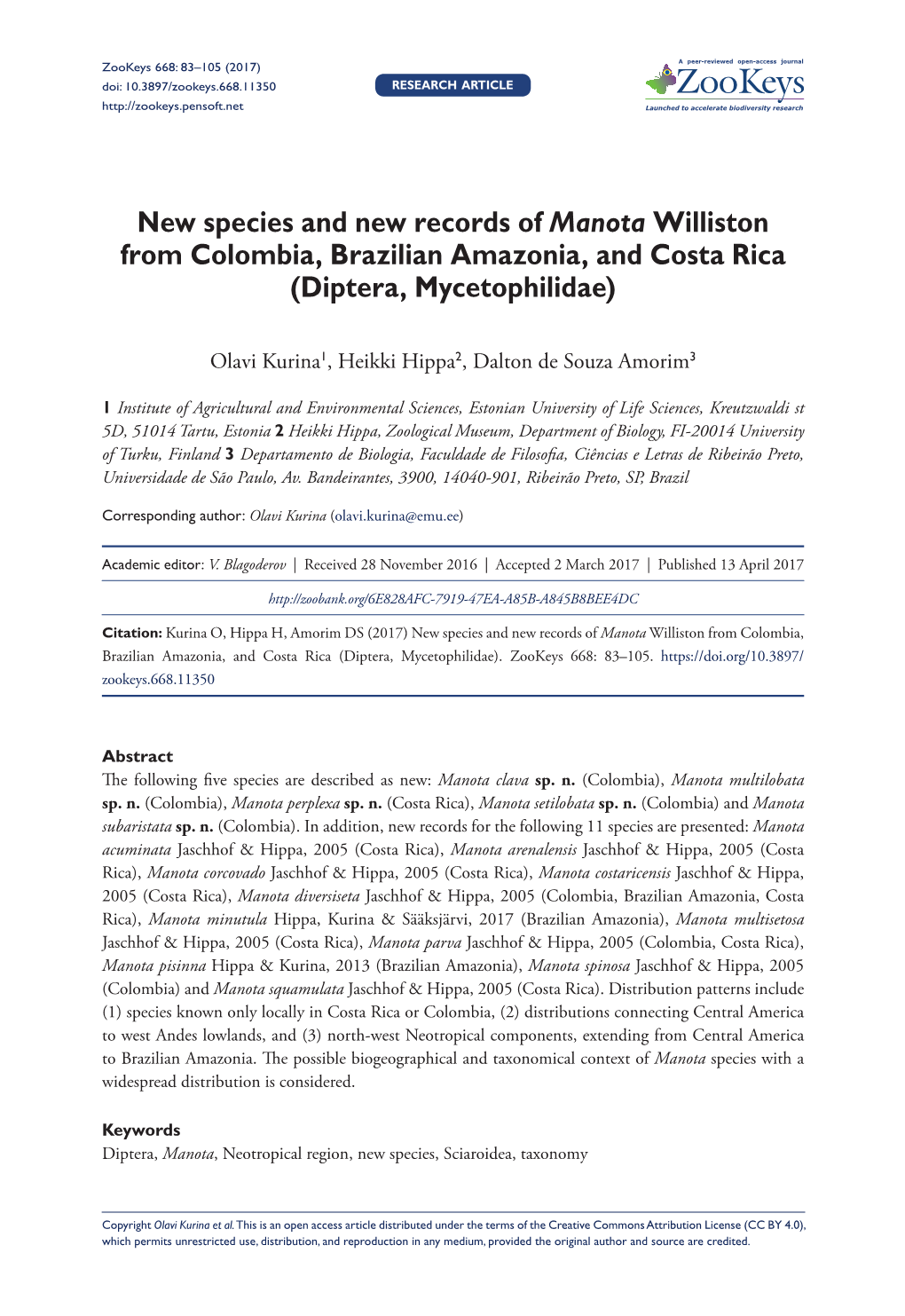 ﻿New Species and New Records of Manota Williston from Colombia
