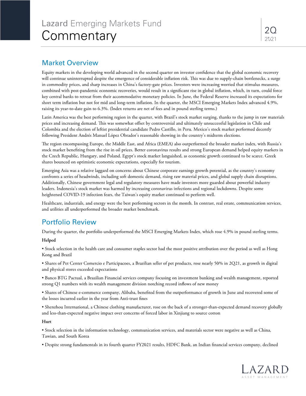 Lazard Emerging Markets Fund Commentary