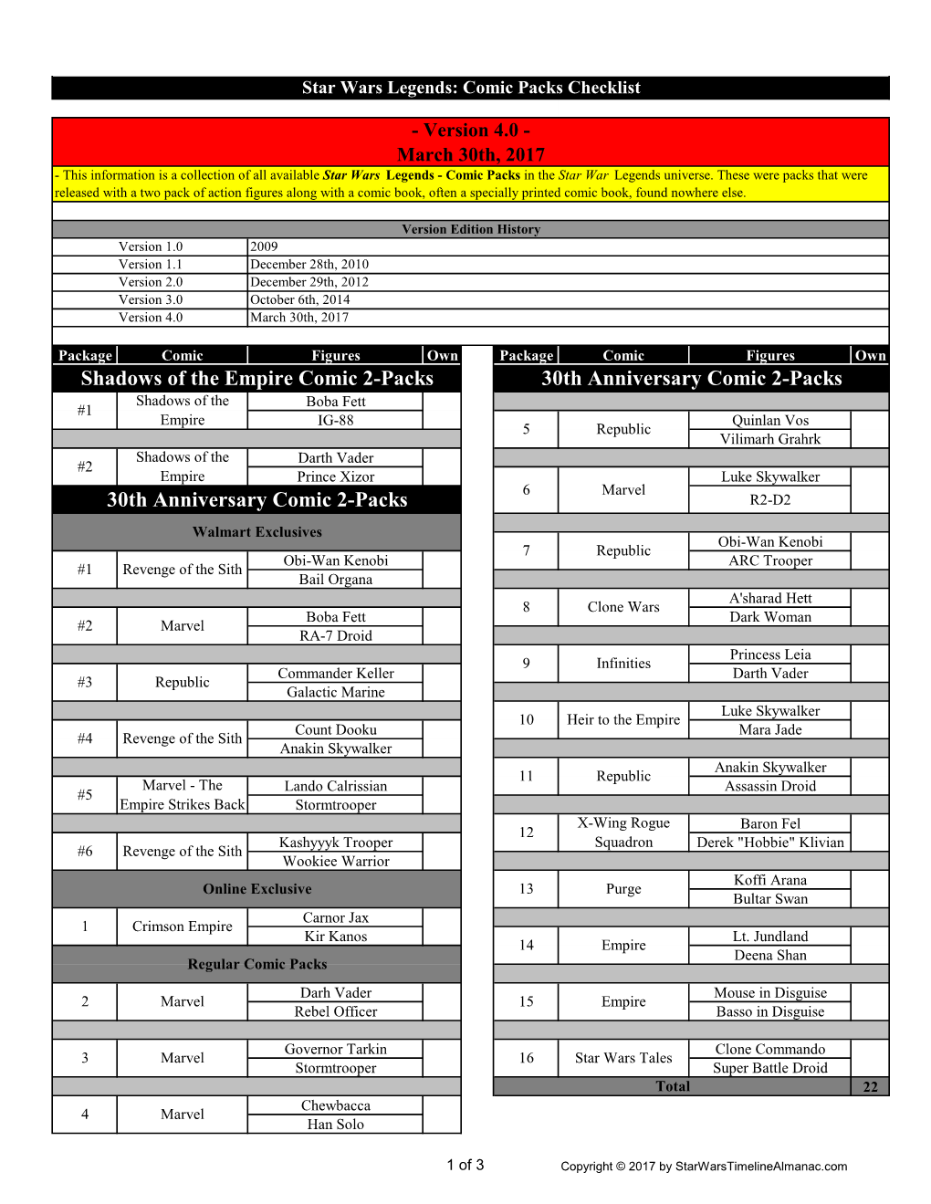 Comic Packs Checklist