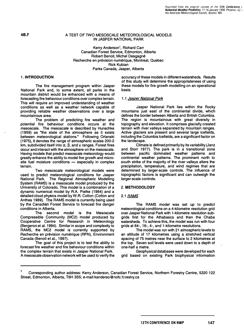 A Test of Two Mesoscale Meteorological Models in Jasper National Park