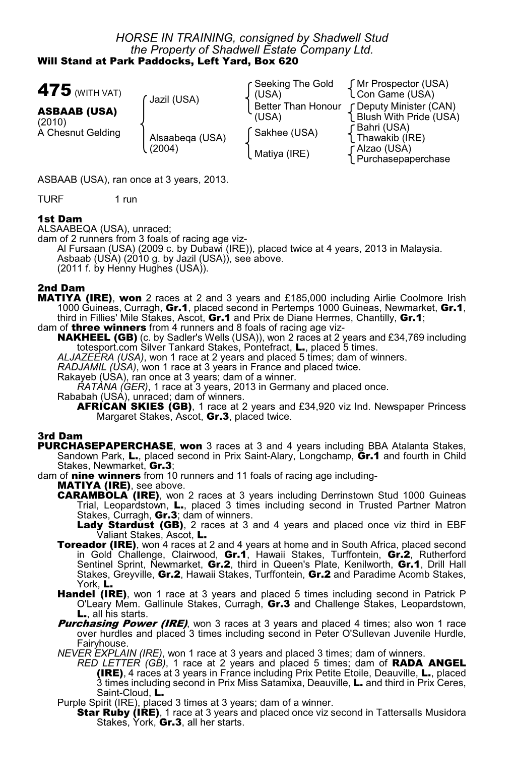 HORSE in TRAINING, Consigned by Shadwell Stud the Property of Shadwell Estate Company Ltd. Will Stand at Park Paddocks, Left Yard, Box 620