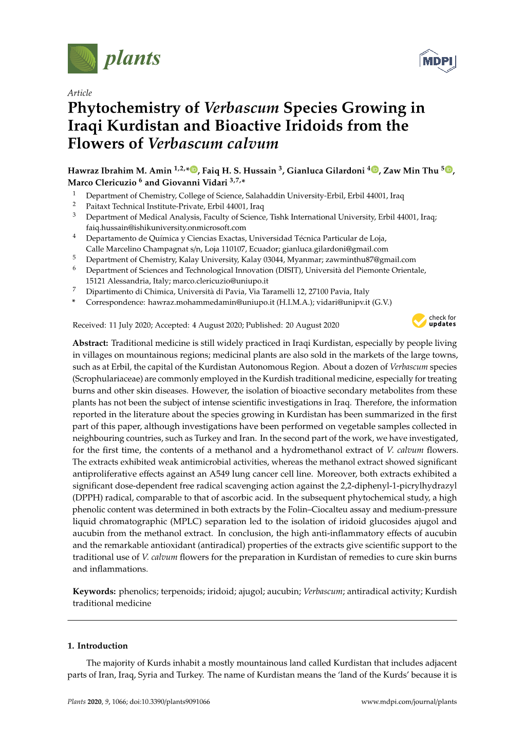 Phytochemistry of Verbascum Species Growing in Iraqi Kurdistan and Bioactive Iridoids from the Flowers of Verbascum Calvum