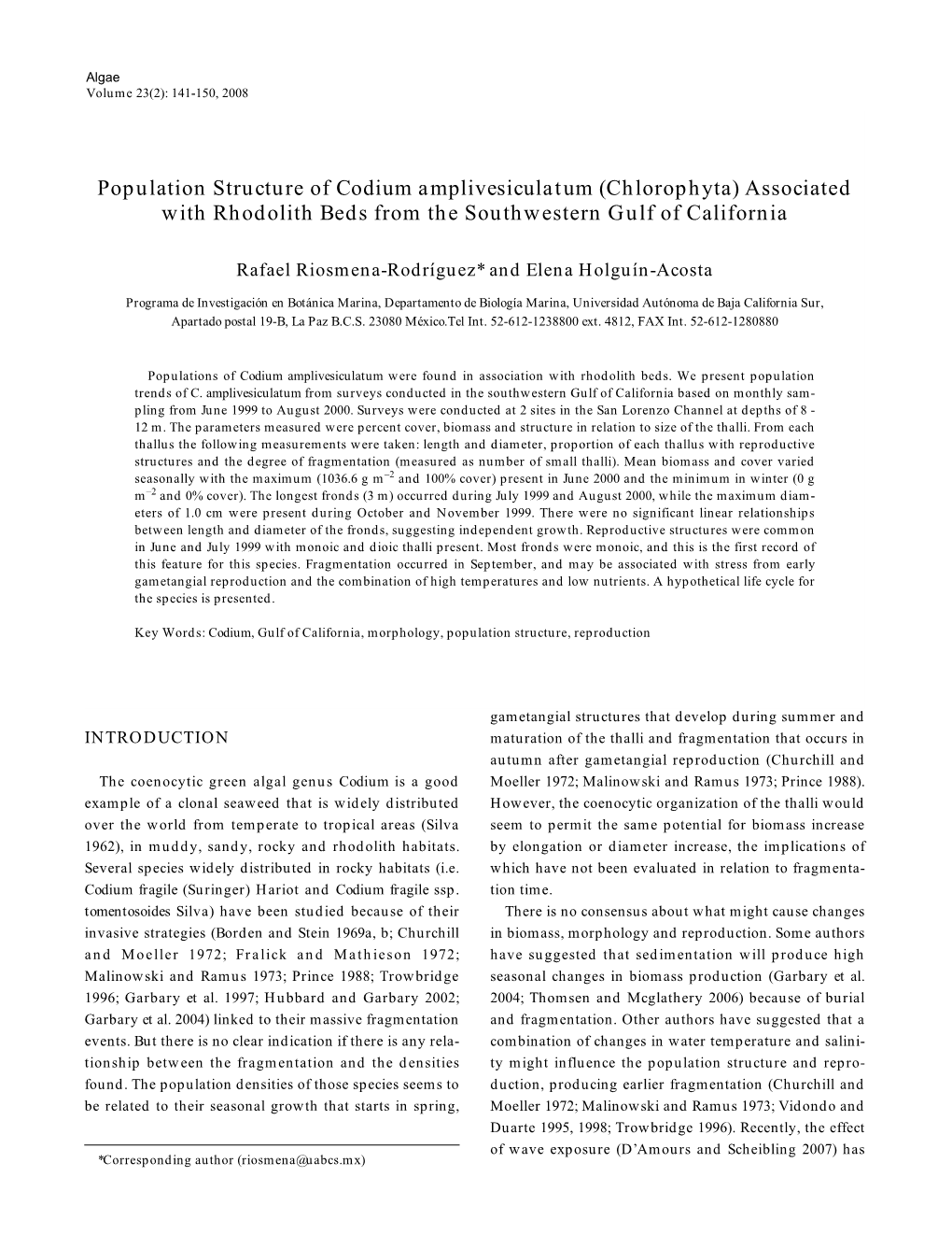 Population Structure of Codium Amplivesiculatum (Chlorophyta) Associated with Rhodolith Beds from the Southwestern Gulf of California