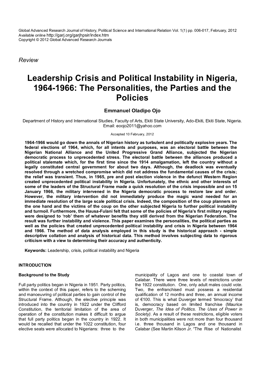 Leadership Crisis and Political Instability in Nigeria, 1964-1966: the Personalities, the Parties and the Policies