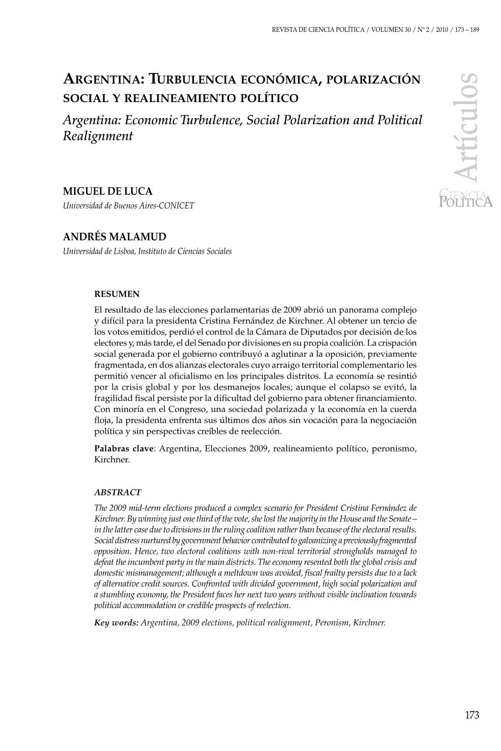 Argentina: Turbulencia Económica, Polarización Social Y Realineamiento Político