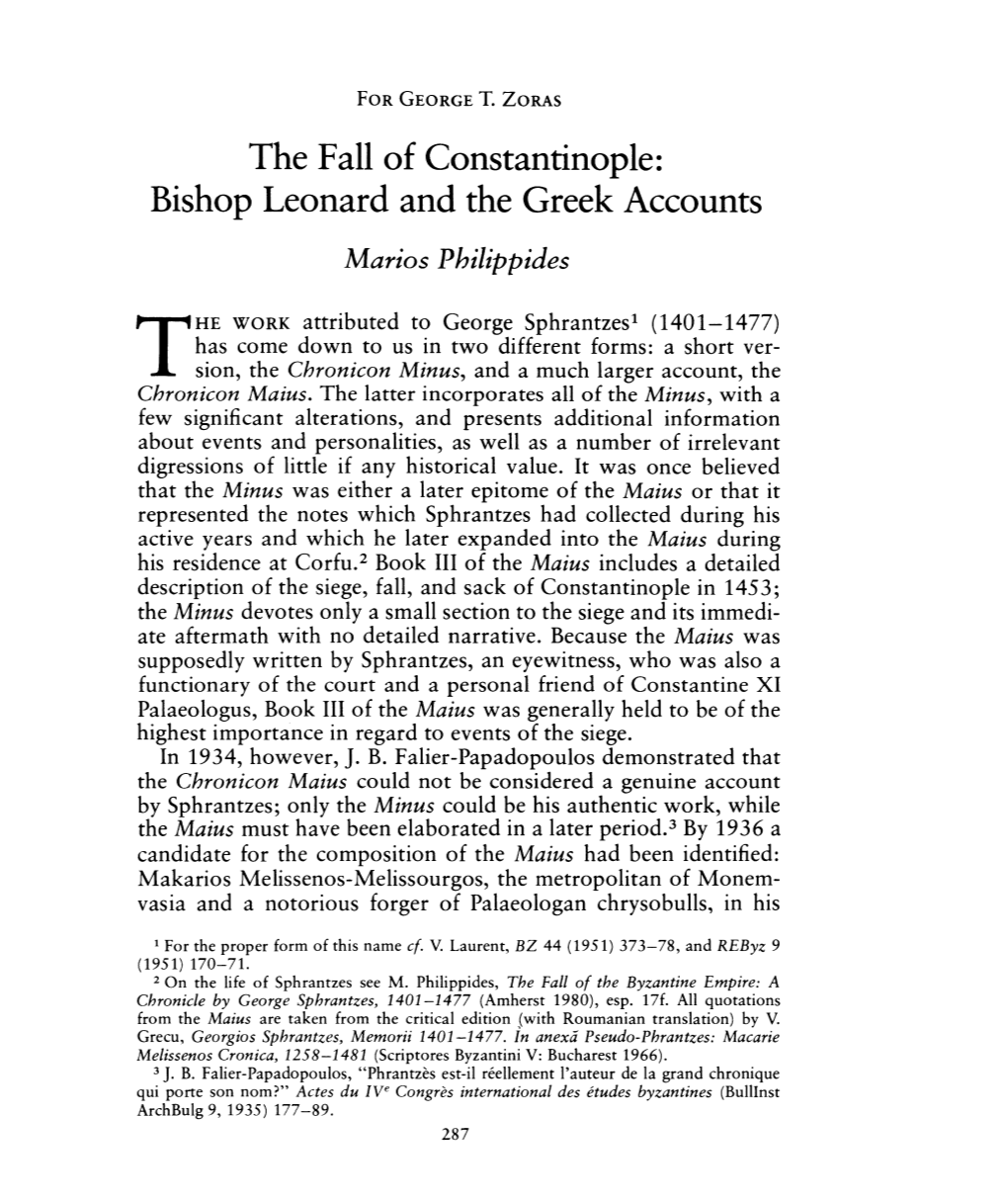 The Fall of Constantinople: Bishop Leonard and the Greek Accounts , Greek, Roman and Byzantine Studies, 22:3 (1981:Autumn) P.287