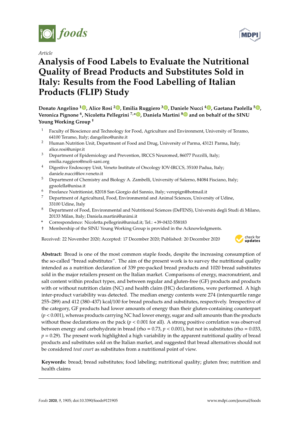 Analysis of Food Labels to Evaluate the Nutritional Quality of Bread Products and Substitutes Sold in Italy