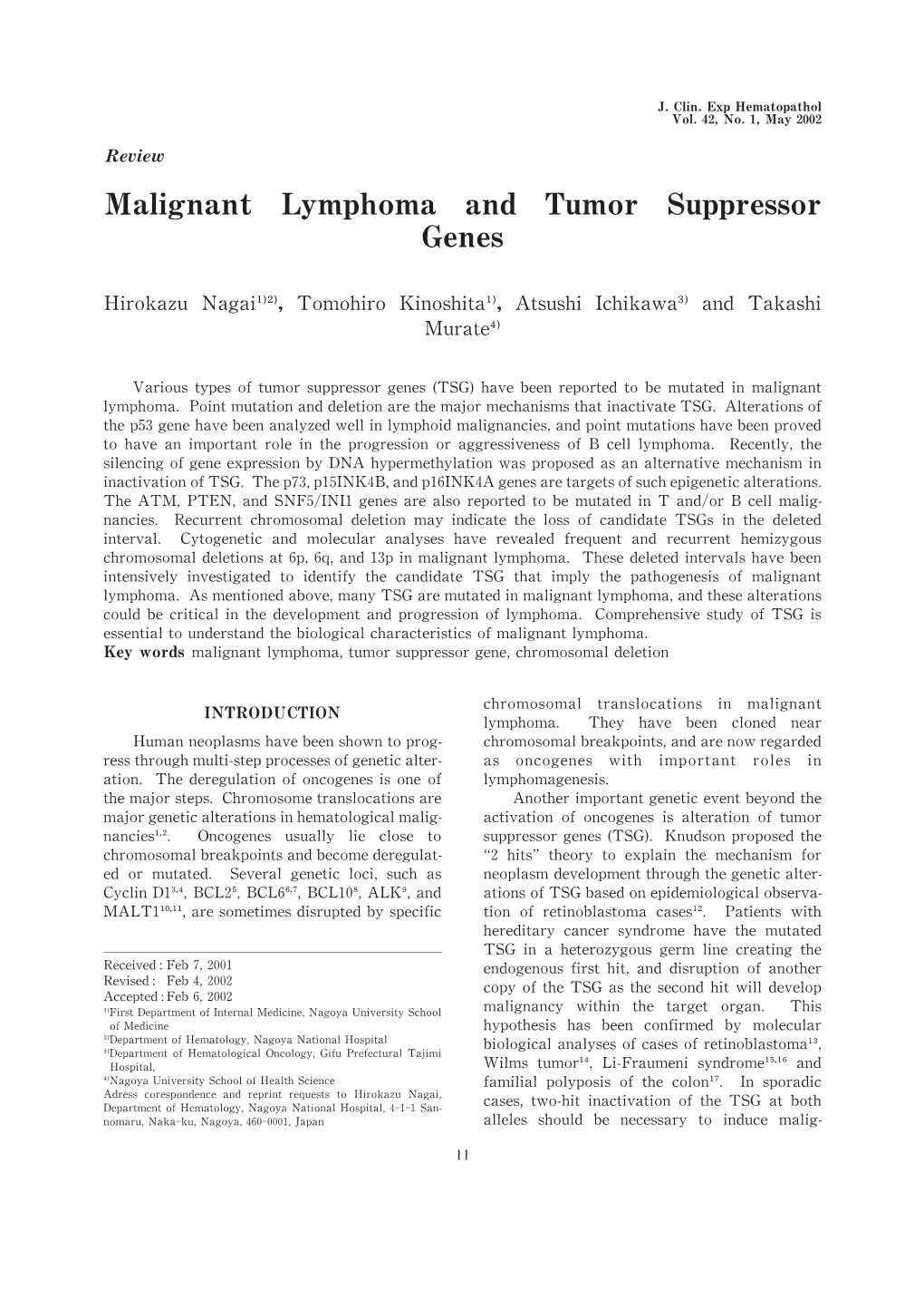 Malignant Lymphoma and Tumor Suppressor Genes