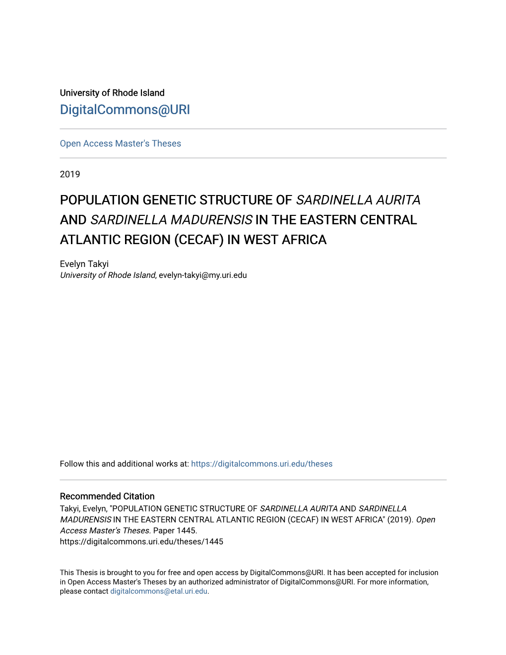 Population Genetic Structure of Sardinella Aurita and Sardinella Madurensis in the Eastern Central Atlantic Region (Cecaf) in West Africa