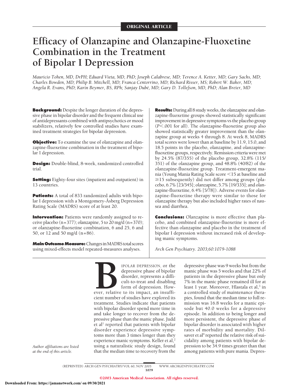 Efficacy of Olanzapine and Olanzapine-Fluoxetine Combination in the Treatment of Bipolar I Depression