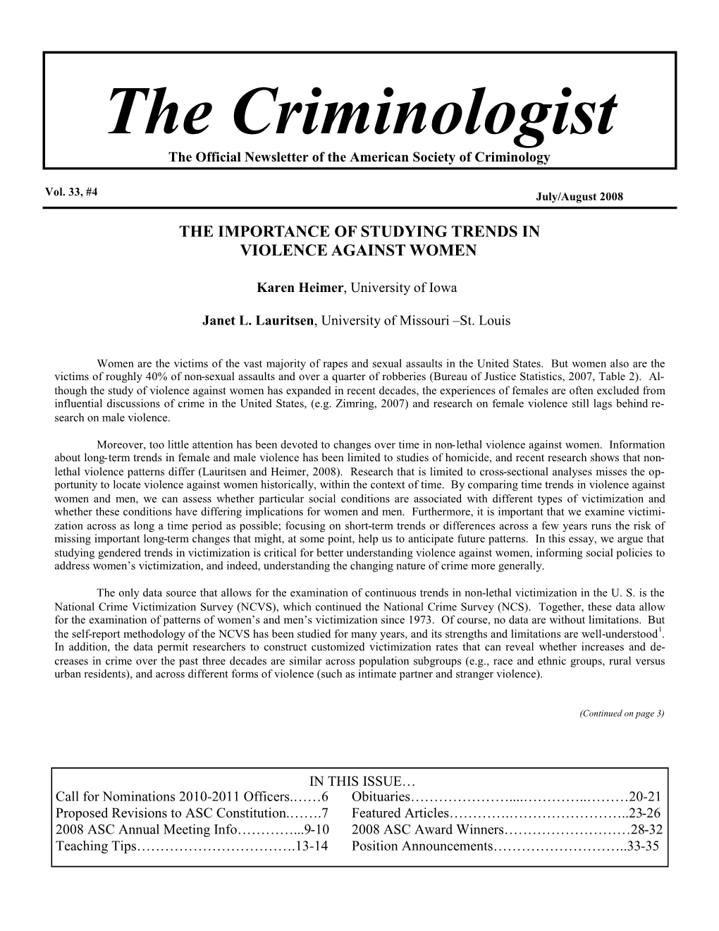 The Criminologist Page 1 the Criminologist the Official Newsletter of the American Society of Criminology