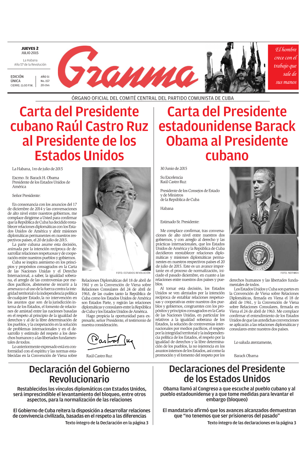 Carta Del Presidente Cubano Raúl Castro Ruz Al Presidente