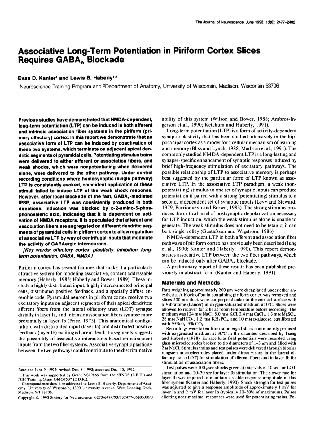 Associative Long-Term Potentiation in Piriform Cortex Slices Requires GABA, Blockade