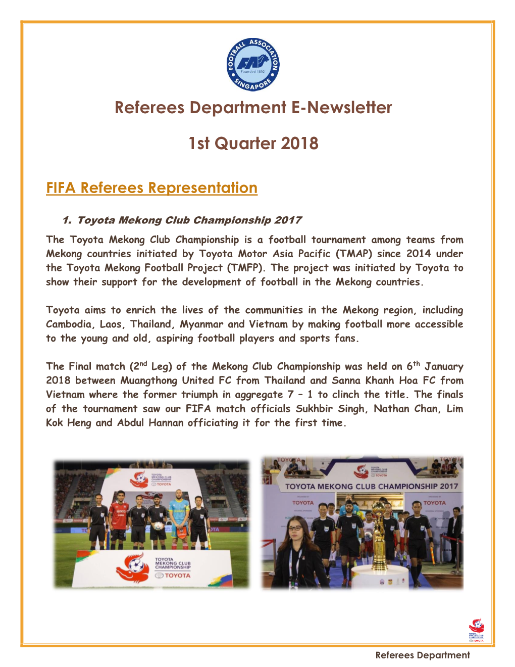 Referees Department E-Newsletter 1St Quarter 2018