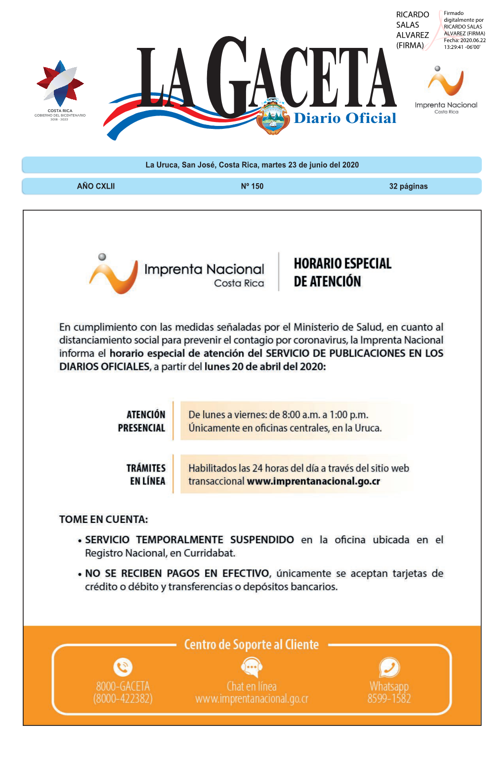 LA GACETA N° 150 De La Fecha 23 06 2020