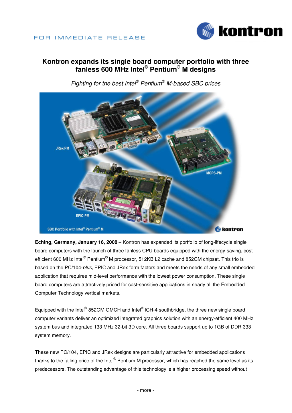 Kontron Expands Its Single Board Computer Portfolio with Three Fanless 600 Mhz Intel ® Pentium ® M Designs