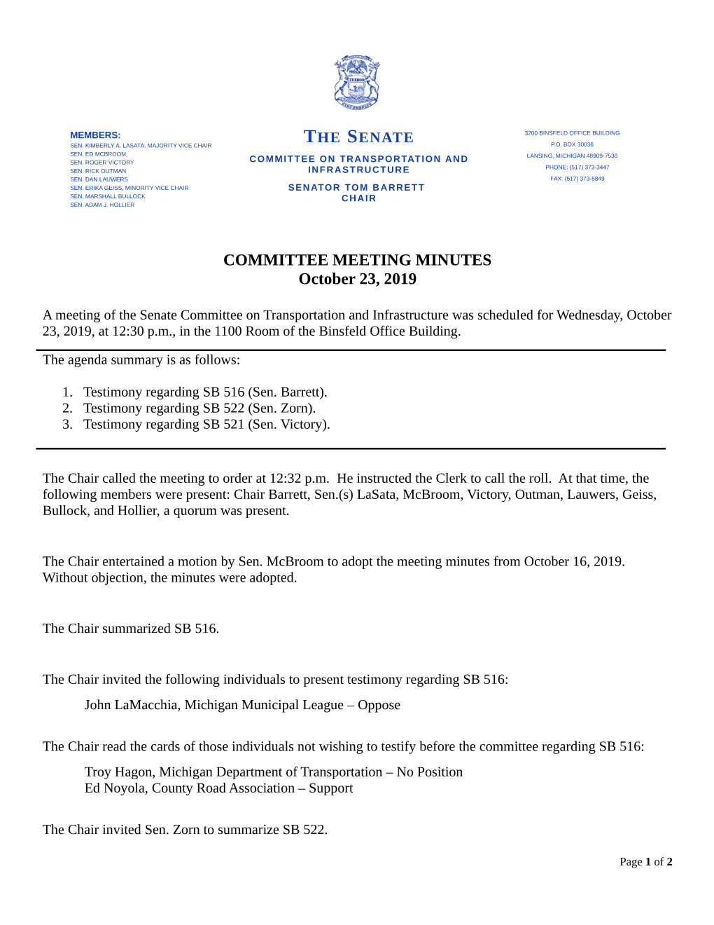 COMMITTEE MEETING MINUTES October 23, 2019