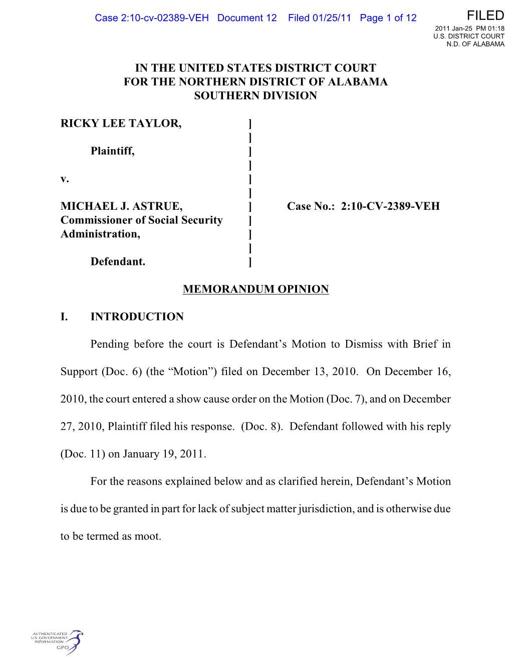In the United States District Court for the Northern District of Alabama Southern Division