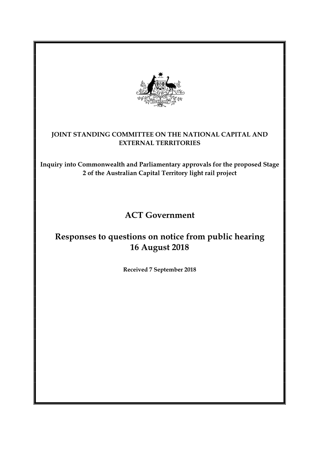 ACT Government Responses to Questions on Notice from Public