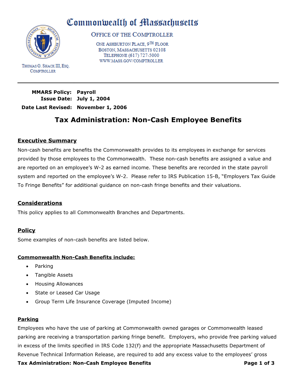 Tax Administration: Non-Cash Employee Benefits