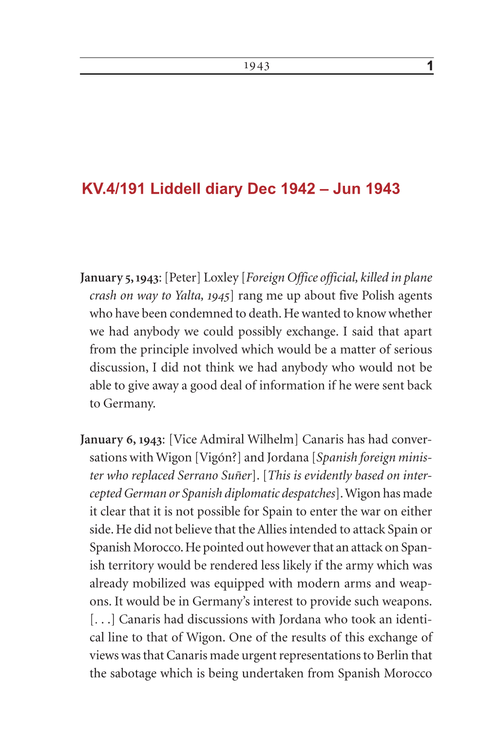 Guy Liddell Diary for 1943, Transcribed Extracts