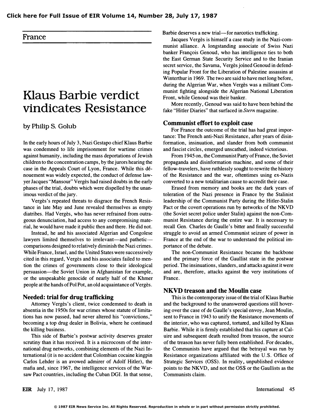 France: Klaus Barbie Verdict Vindicates Resistance