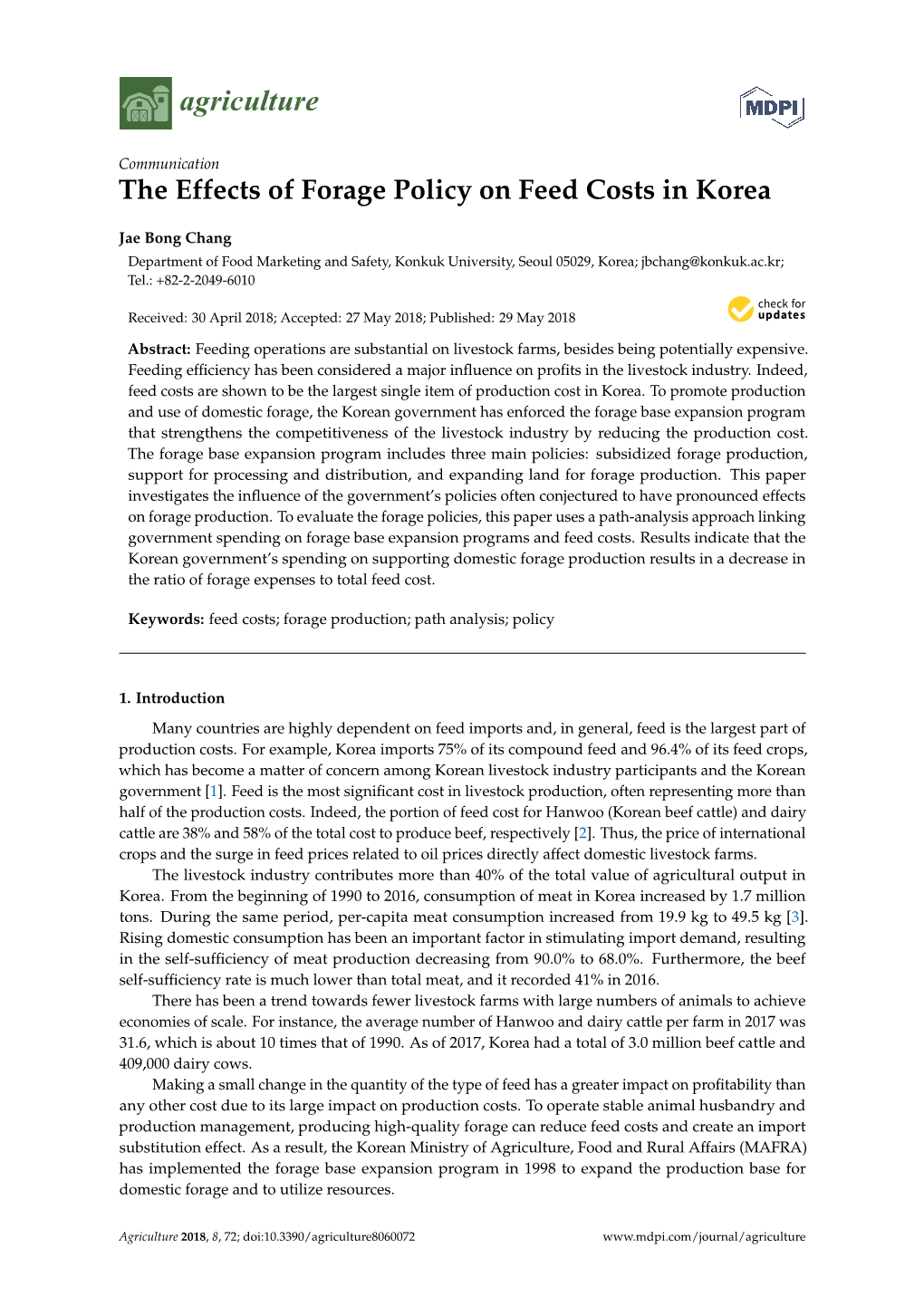 The Effects of Forage Policy on Feed Costs in Korea