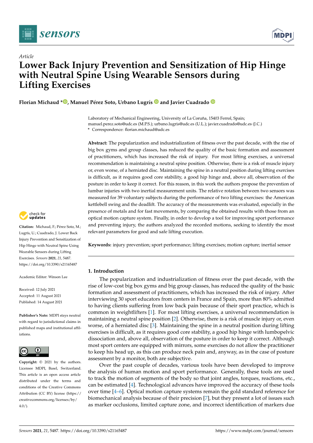 Lower Back Injury Prevention and Sensitization of Hip Hinge with Neutral Spine Using Wearable Sensors During Lifting Exercises