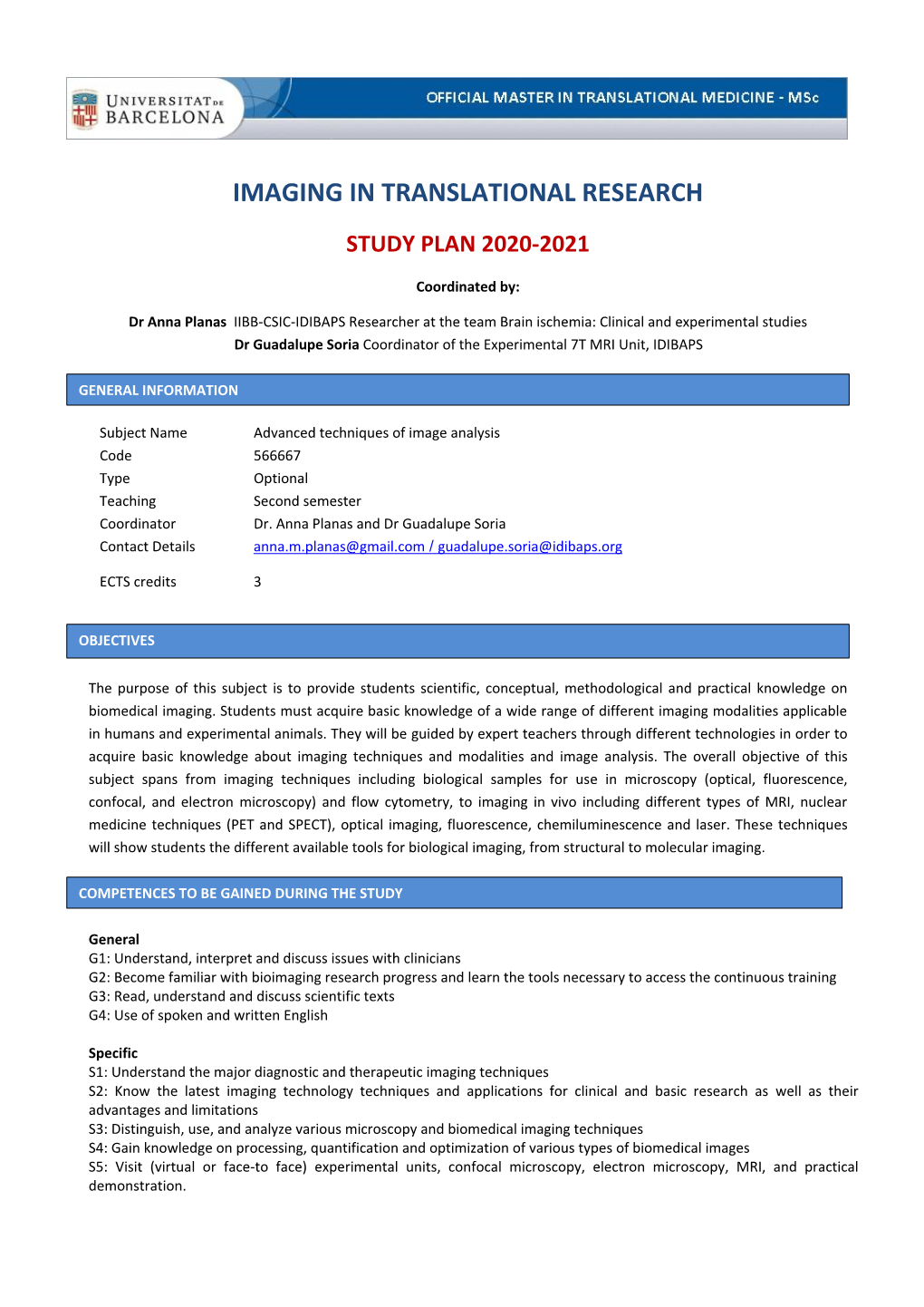 Imaging in Translational Research Study Plan 2020-2021