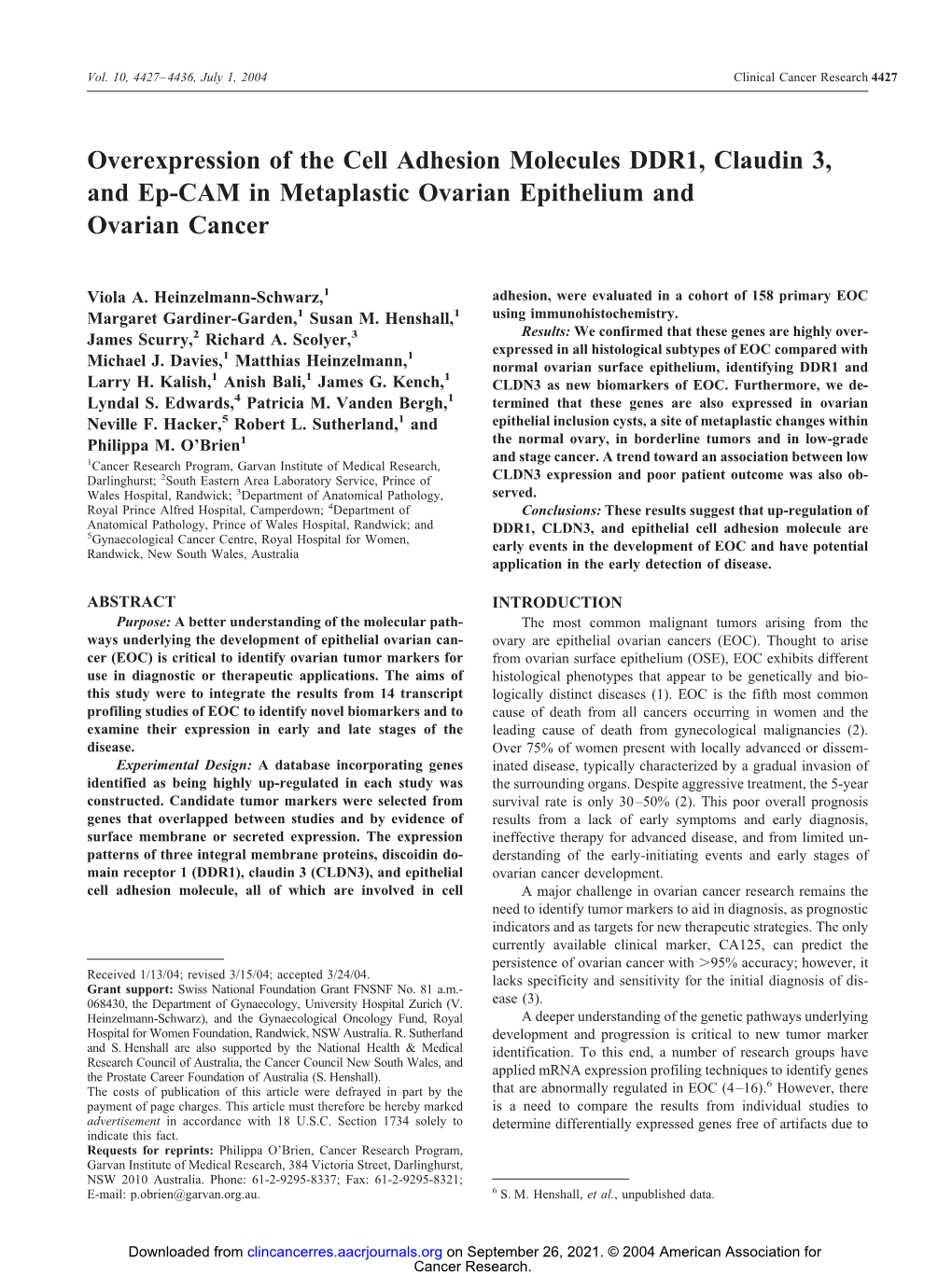 Overexpression of the Cell Adhesion Molecules DDR1, Claudin 3, and Ep-CAM in Metaplastic Ovarian Epithelium and Ovarian Cancer