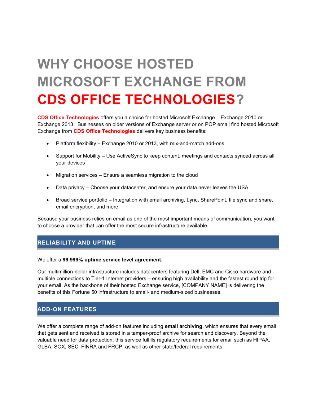 Why Choose Hosted Microsoft Exchange from CDS Office Technologies?