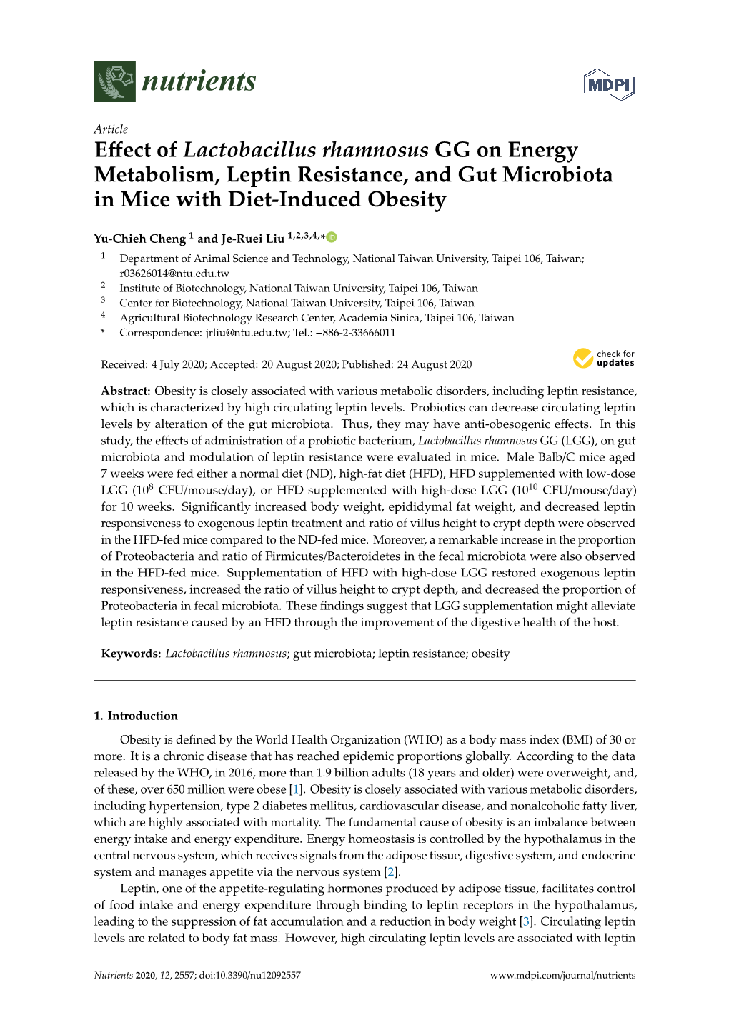 Effect of Lactobacillus Rhamnosus GG on Energy Metabolism, Leptin