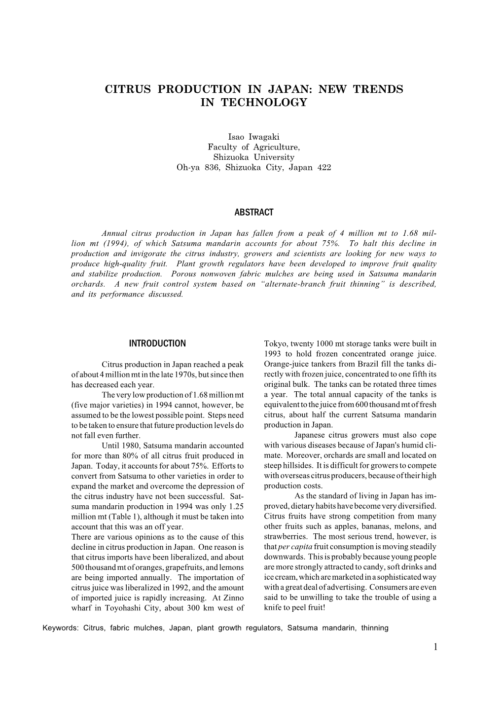 Citrus Production in Japan: New Trends in Technology