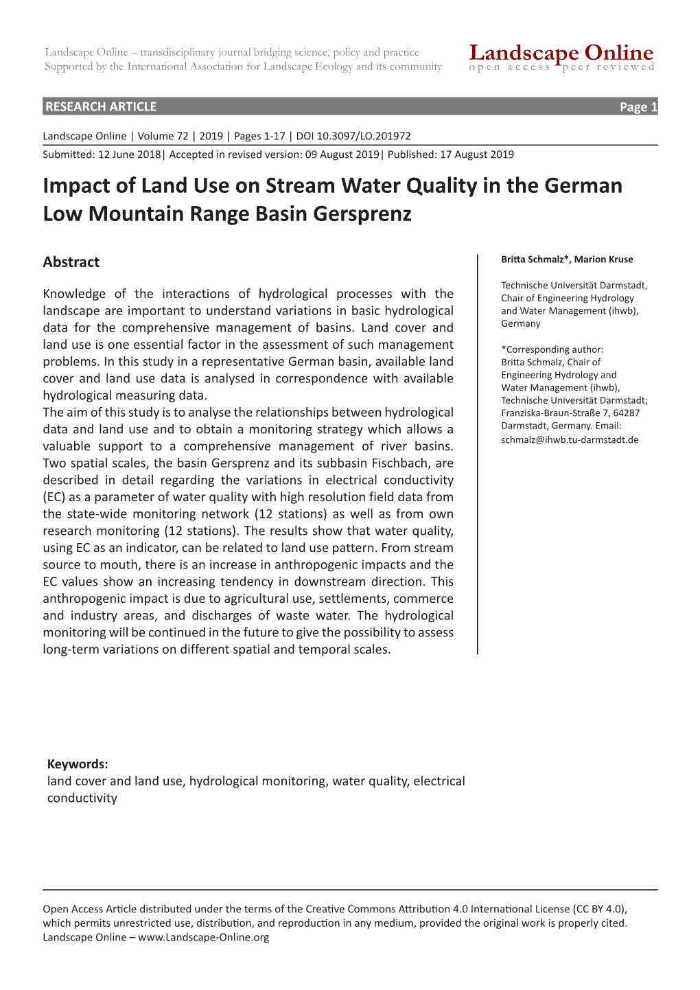 Landscape Online Impact of Land Use on Stream Water Quality in The