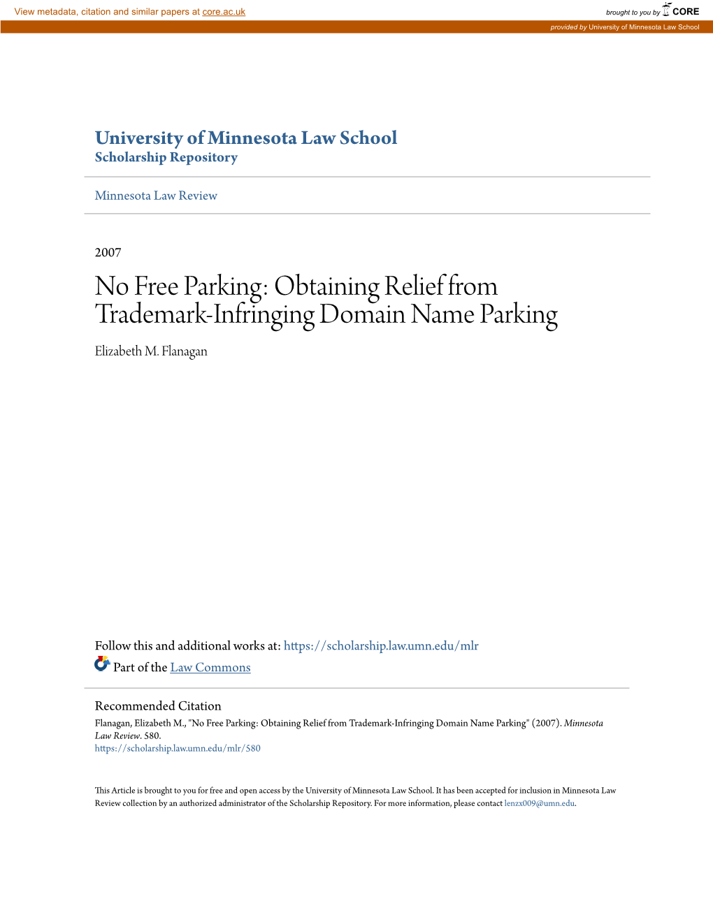 No Free Parking: Obtaining Relief from Trademark-Infringing Domain Name Parking Elizabeth M