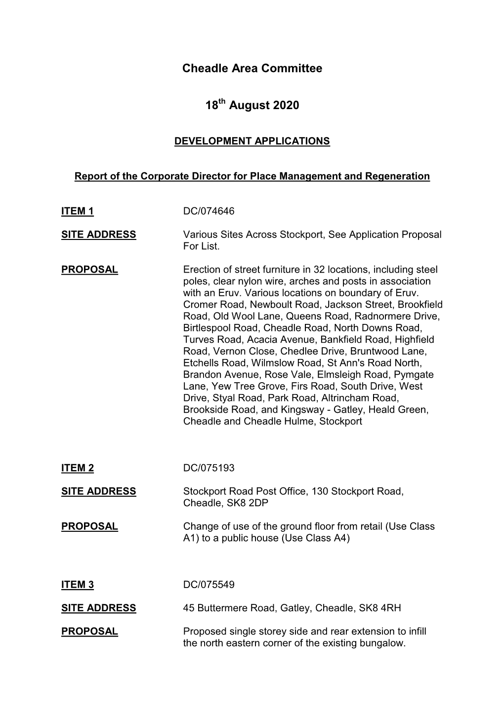 Cheadle Area Committee 18 August 2020