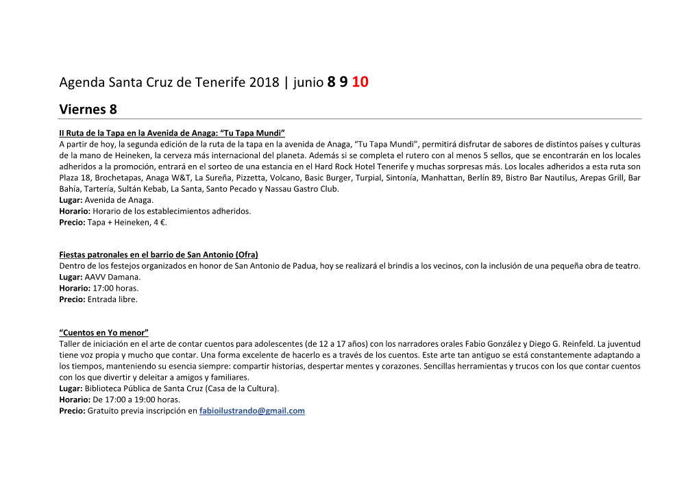 Agenda Santa Cruz De Tenerife 2018 | Junio 8 9 10 Viernes 8