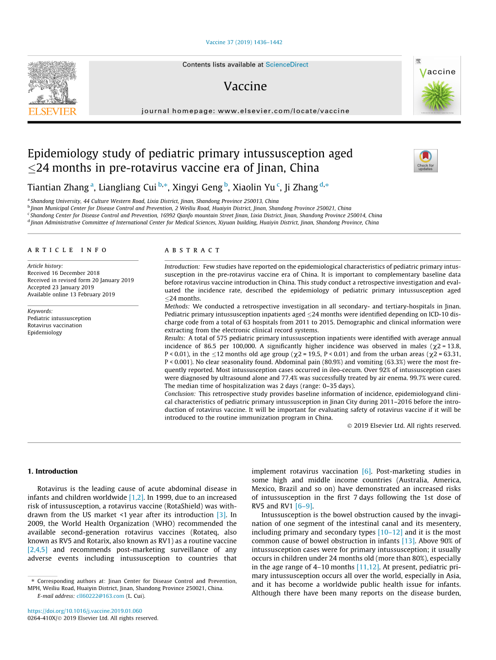 Epidemiology Study of Pediatric Primary Intussusception Aged Â