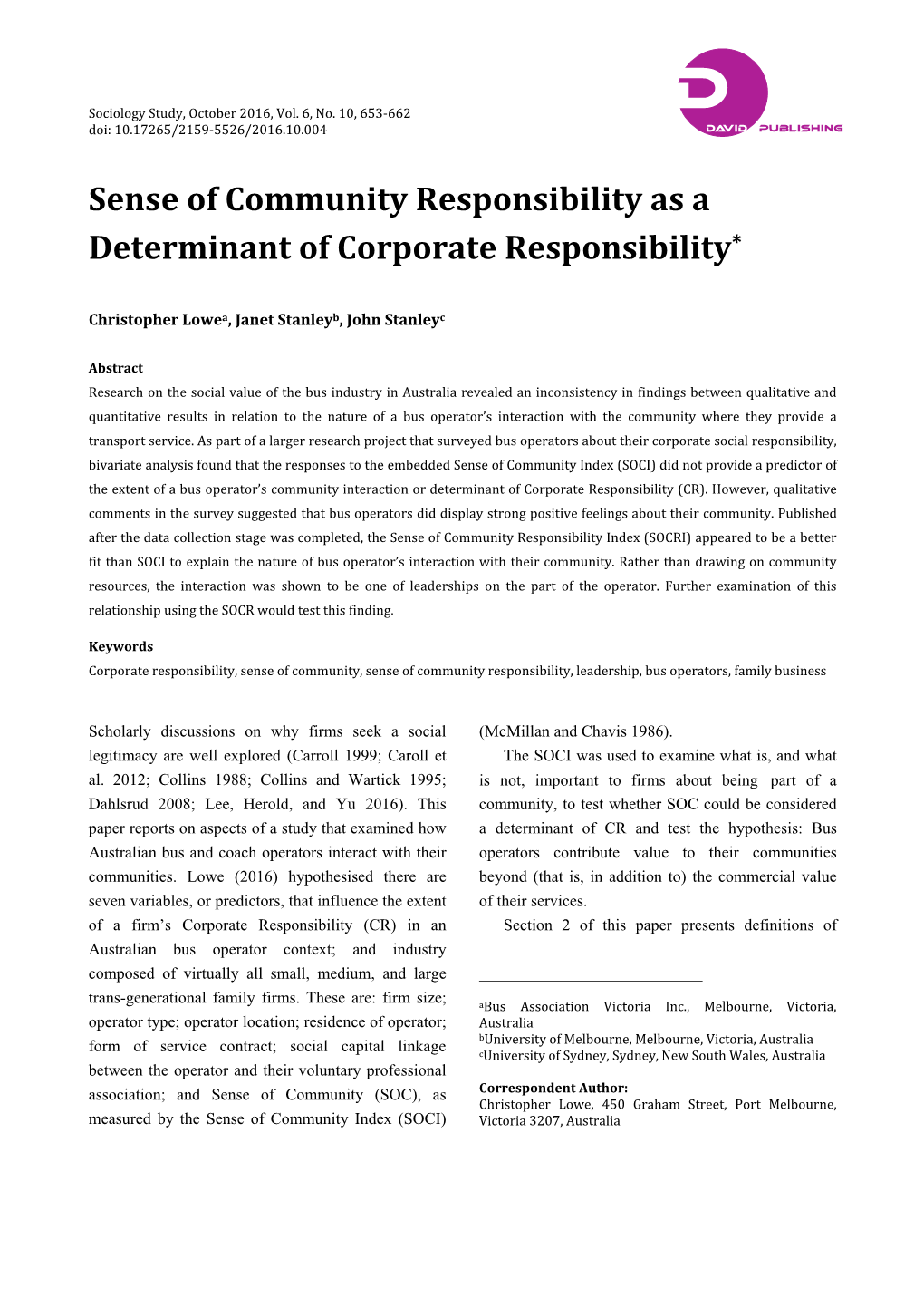 Sense of Community Responsibility As a Determinant of Corporate Responsibility*