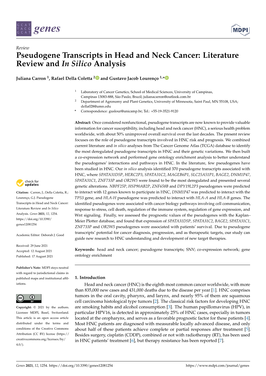 Pseudogene Transcripts in Head and Neck Cancer: Literature Review and in Silico Analysis