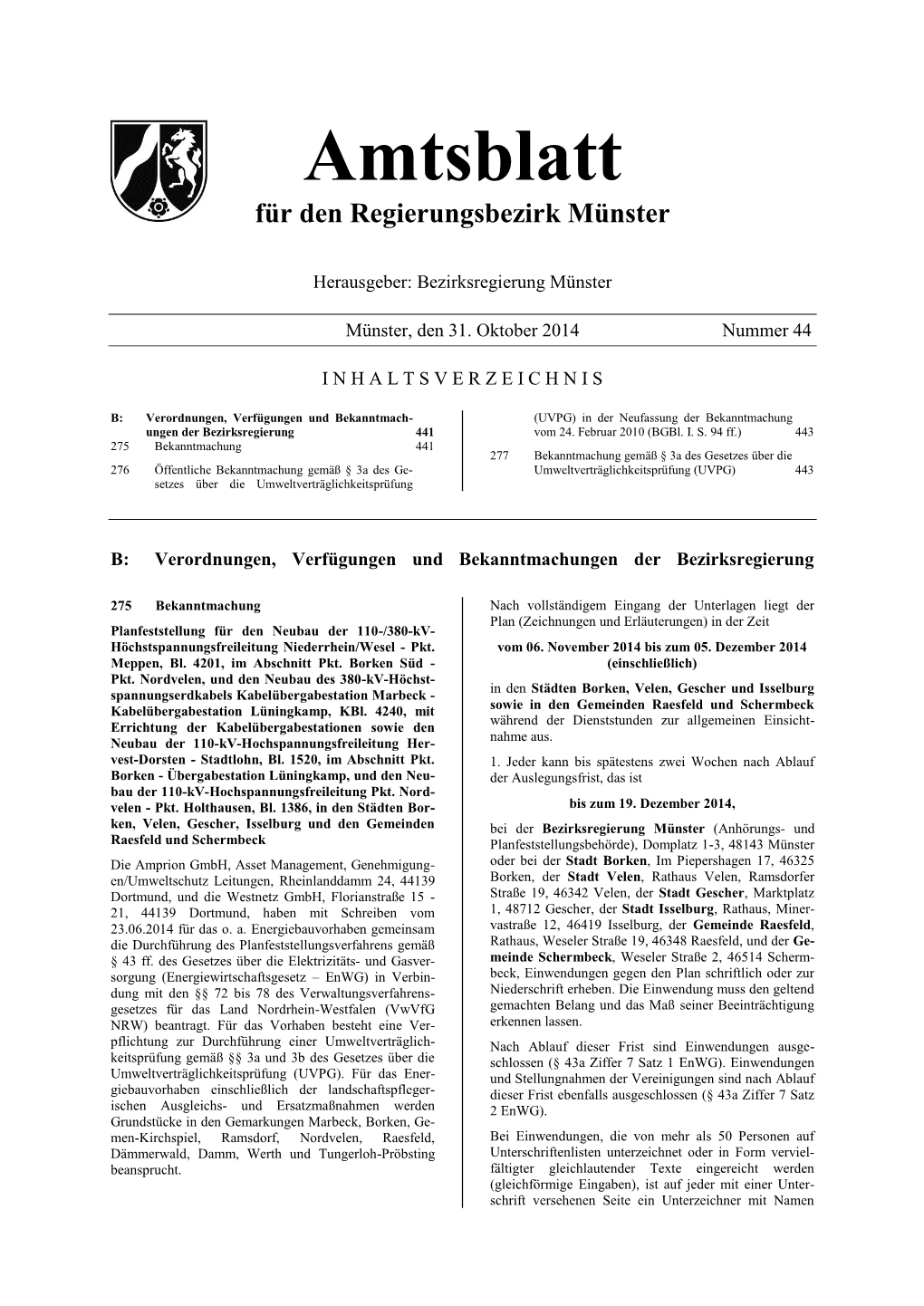 Amtsblatt Für Den Regierungsbezirk Münster