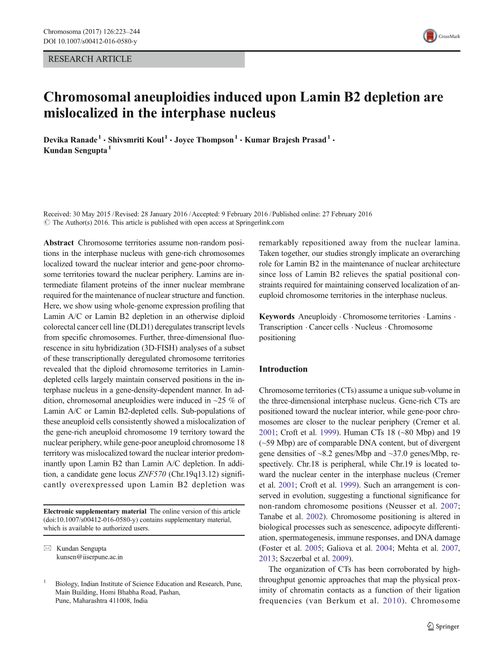 Chromosomal Aneuploidies Induced Upon Lamin B2 Depletion Are Mislocalized in the Interphase Nucleus