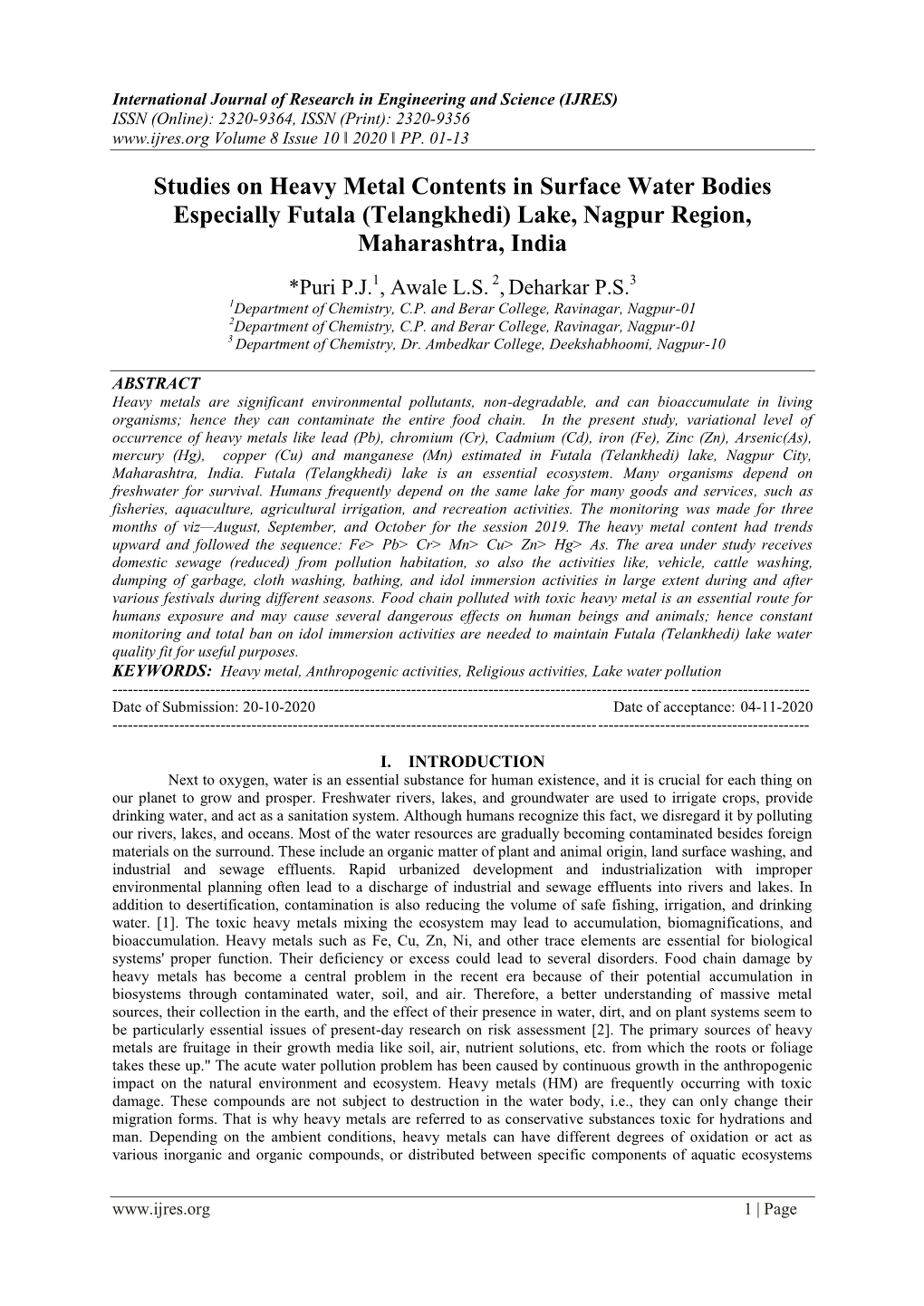 Studies on Heavy Metal Contents in Surface Water Bodies Especially Futala (Telangkhedi) Lake, Nagpur Region, Maharashtra, India